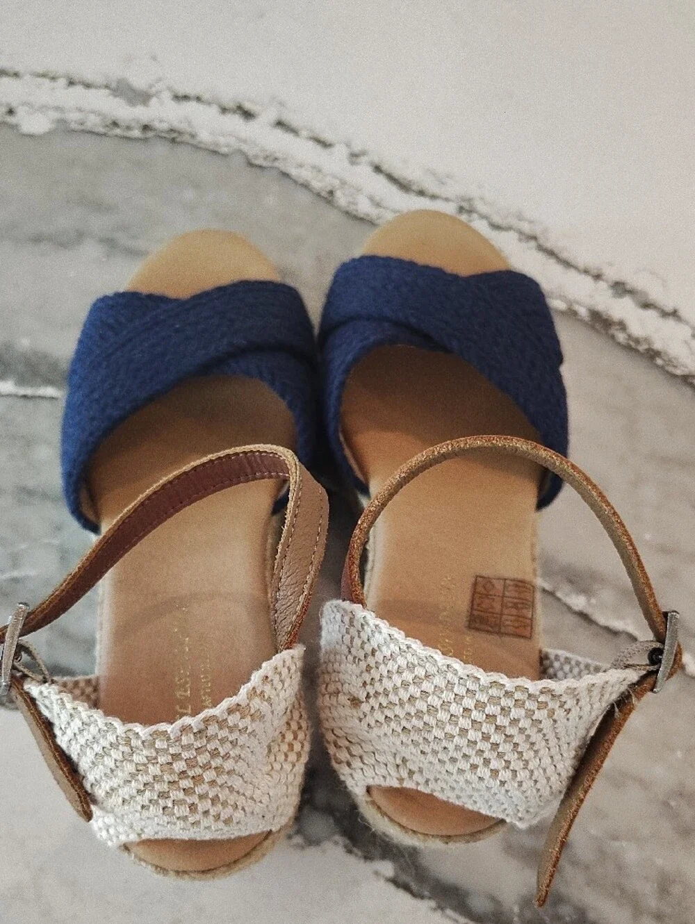 Navy Crisscross Beachy Coastal Espadrille Wedge Sandals with Tan Ankle Strap